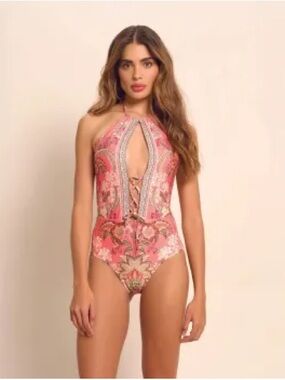 Pink Paisley Halter Lace-Up One-Piece Swimsuit